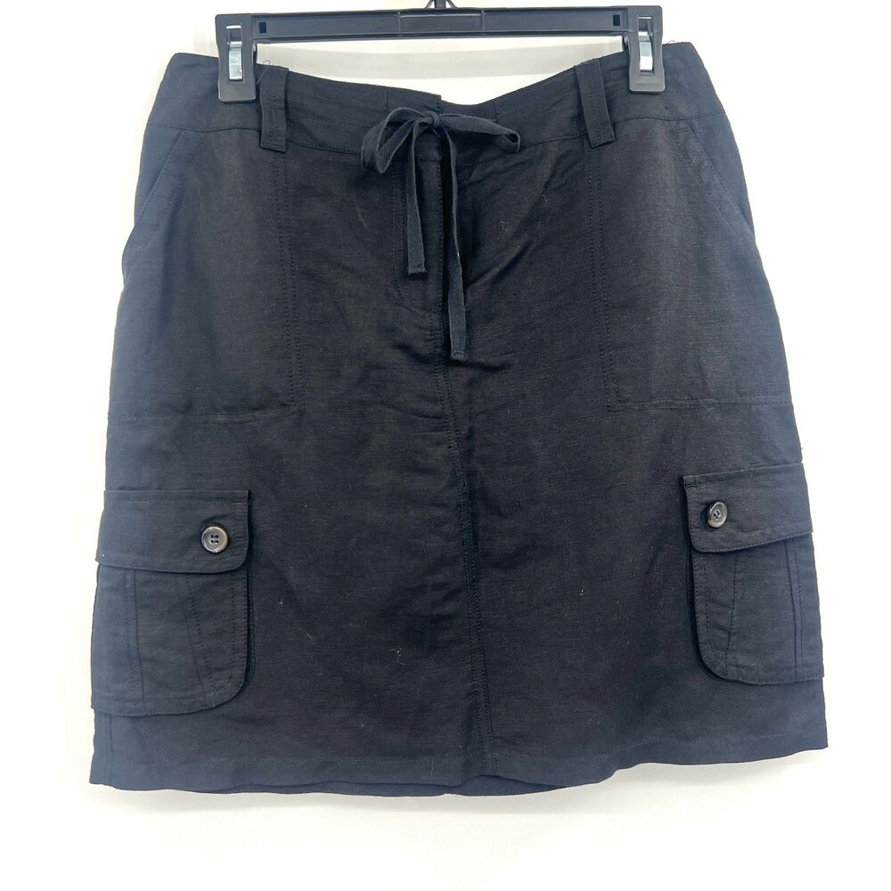 Larry Levine Black Linen Blend Cargo Skirt Size 4 Button Pockets Drawstring Mini